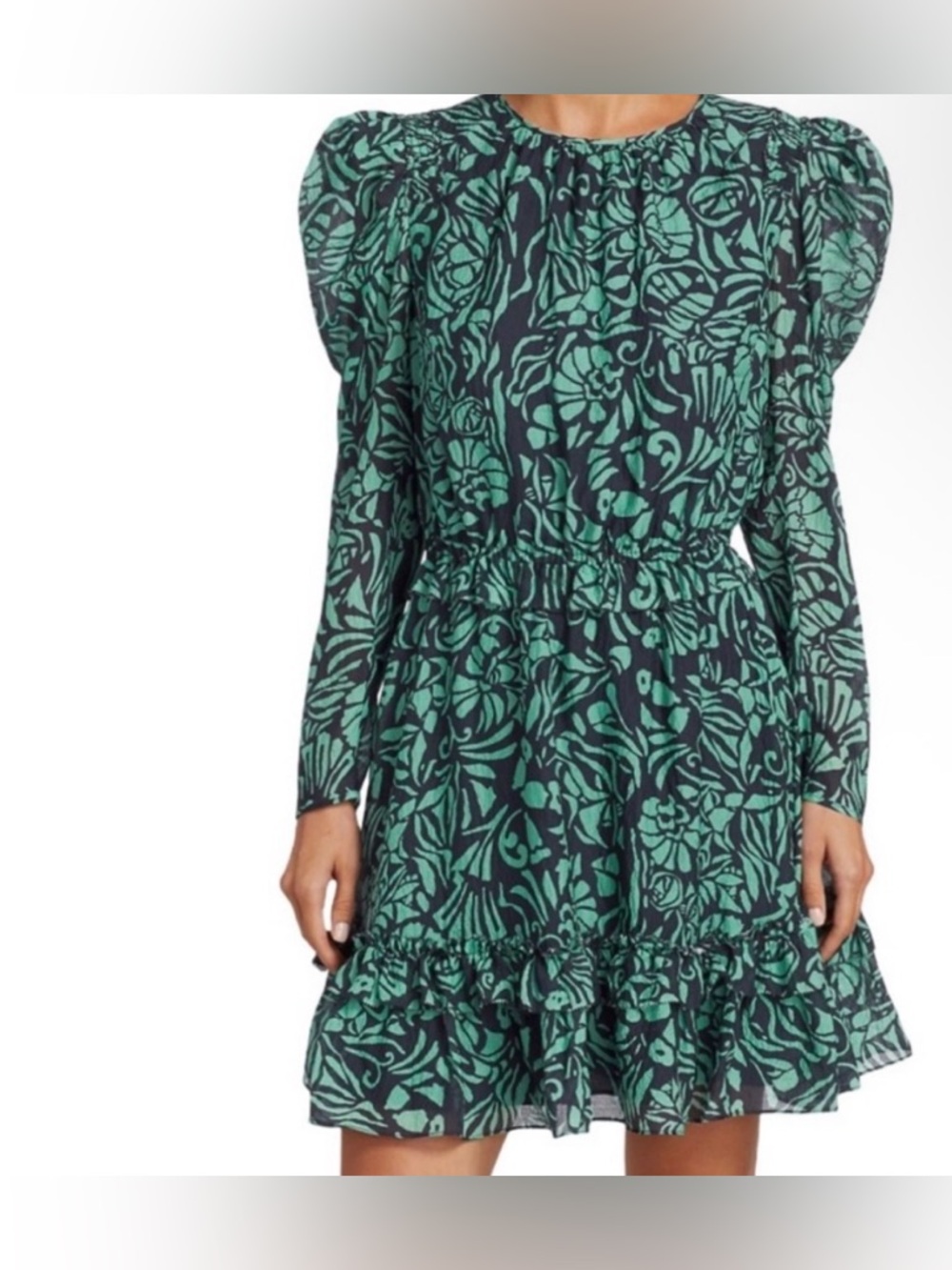 SILK Tanya Taylor Teal and Black Floral Long-Sleeve Dress